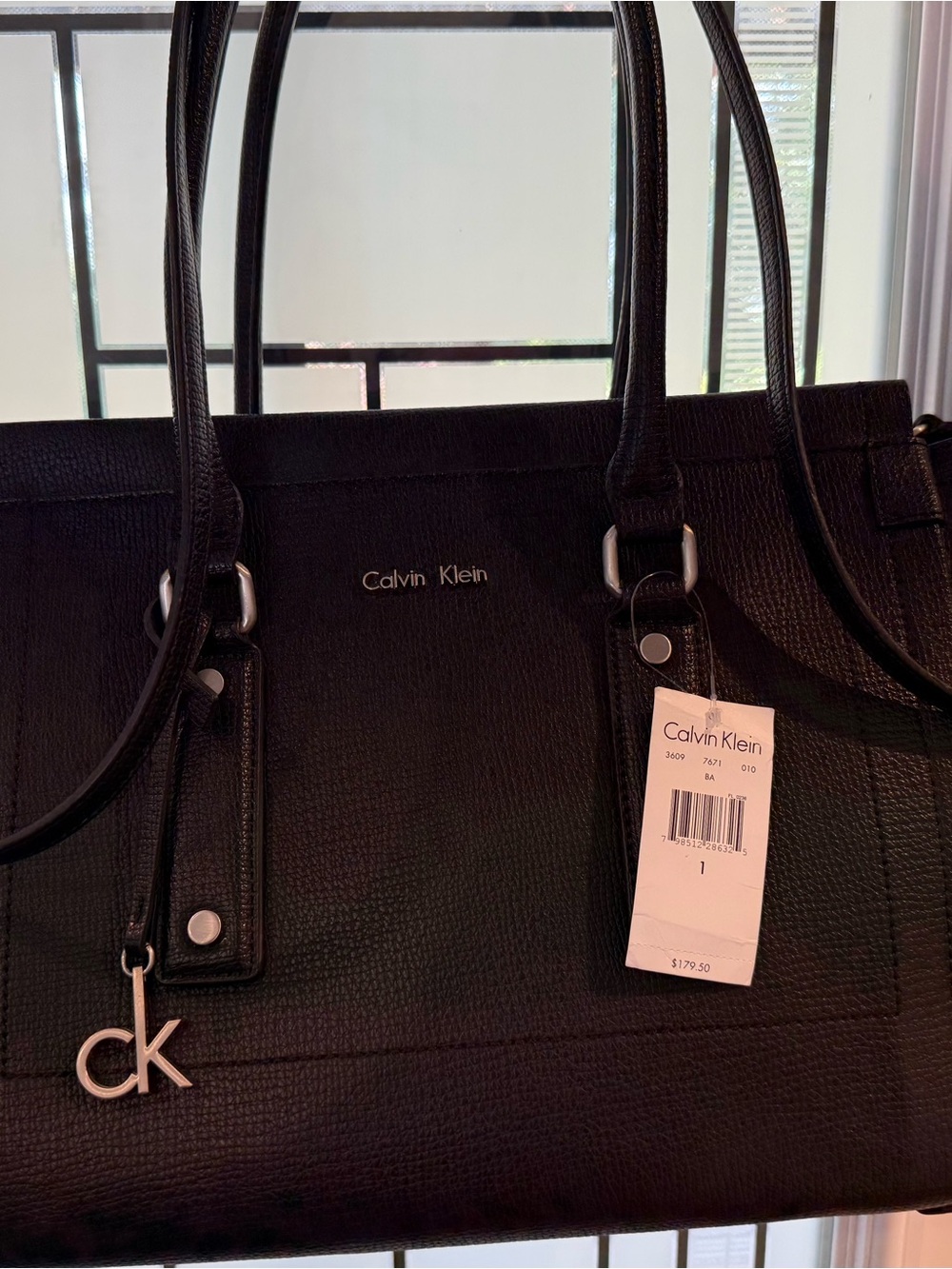 NEW Calvin Klein Black Pebbled Leather Shoulder Tote with CK Charm